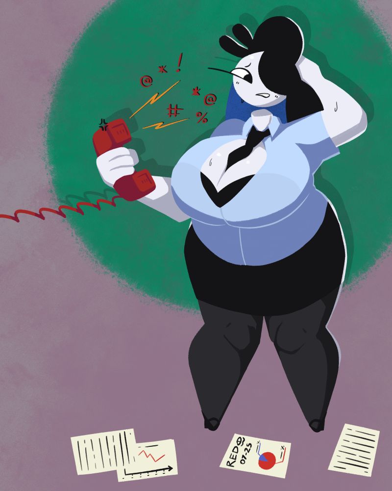 Drawing of Ramone, a yokai girl whose head floats detached from her neck. She works an office job that I assume is quite menial. She's looking a bit overwhelmed as she takes a phone call, nervously scratching the back of her head as the receiver angrily barks obscenities at her. Work documents are scattered on the ground beneath her.