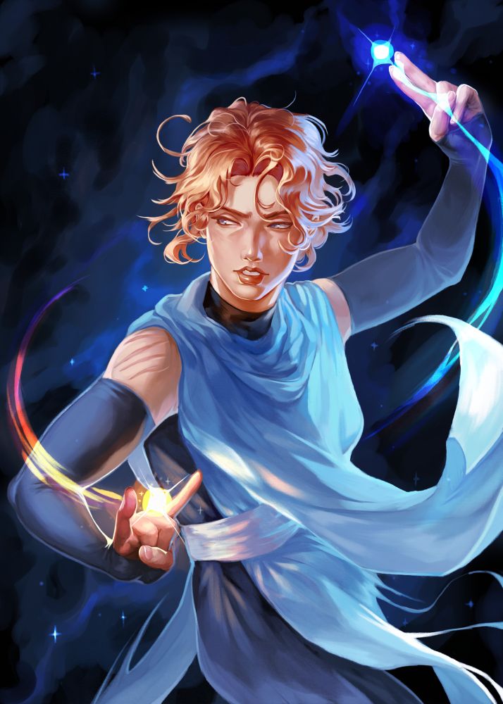 A digital painting of Sypha Belnades from the Netflix Castlevania series. It is a waist-up portrait of her casting sparks of magic from her hands. She is looking over her shoulder while her blue robes are flowing around her.