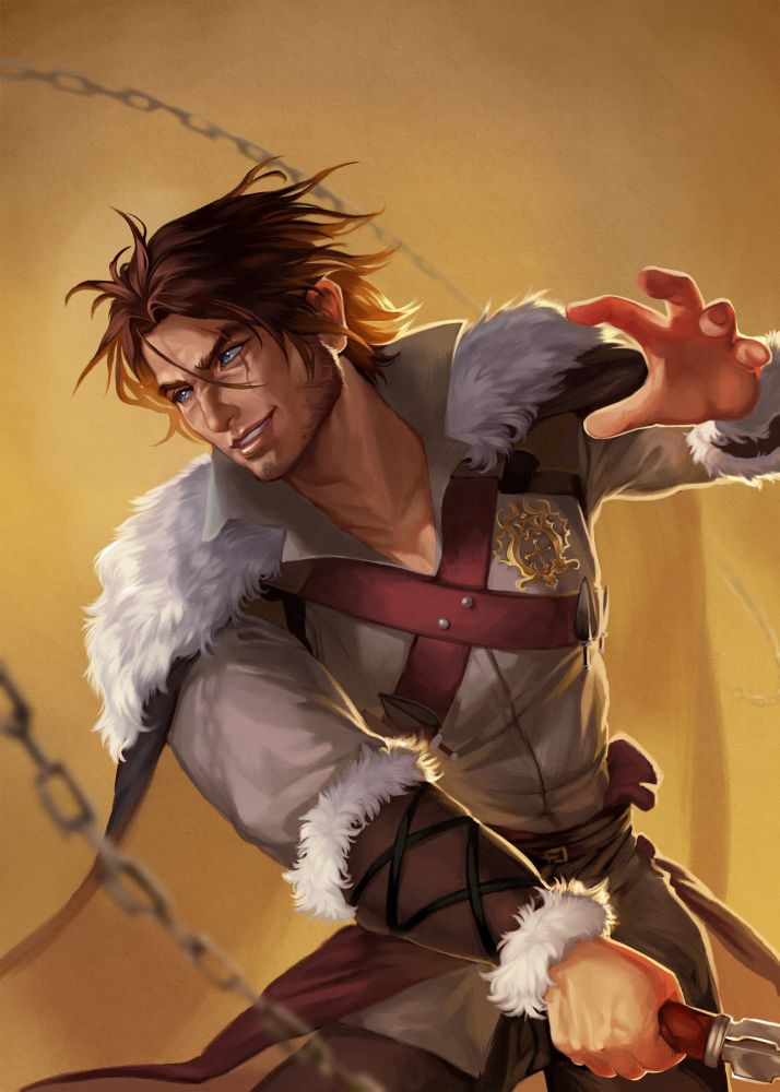 A waist-up painted portrait of Trevor Belmont from the Castlevania show. He is facing and looking towards the left side of the screen while wielding the Morning Star whip. He is grinning.
