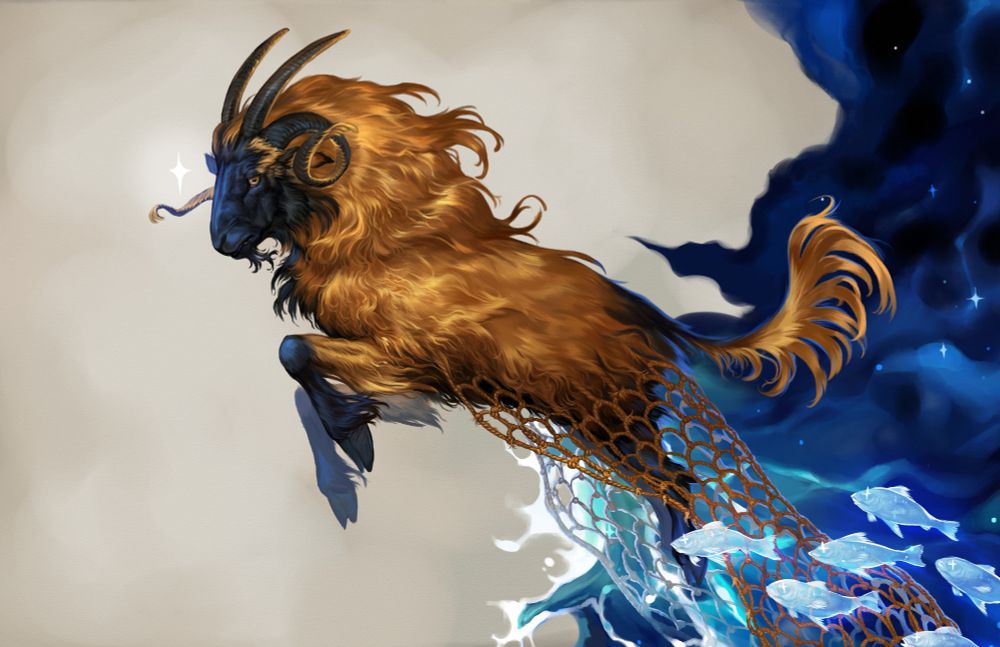 The image is a full-body painting of a golden-fleeced ram leaping from water that looks like stars. It has its fur braided into a fishing net that has some white fish following it.