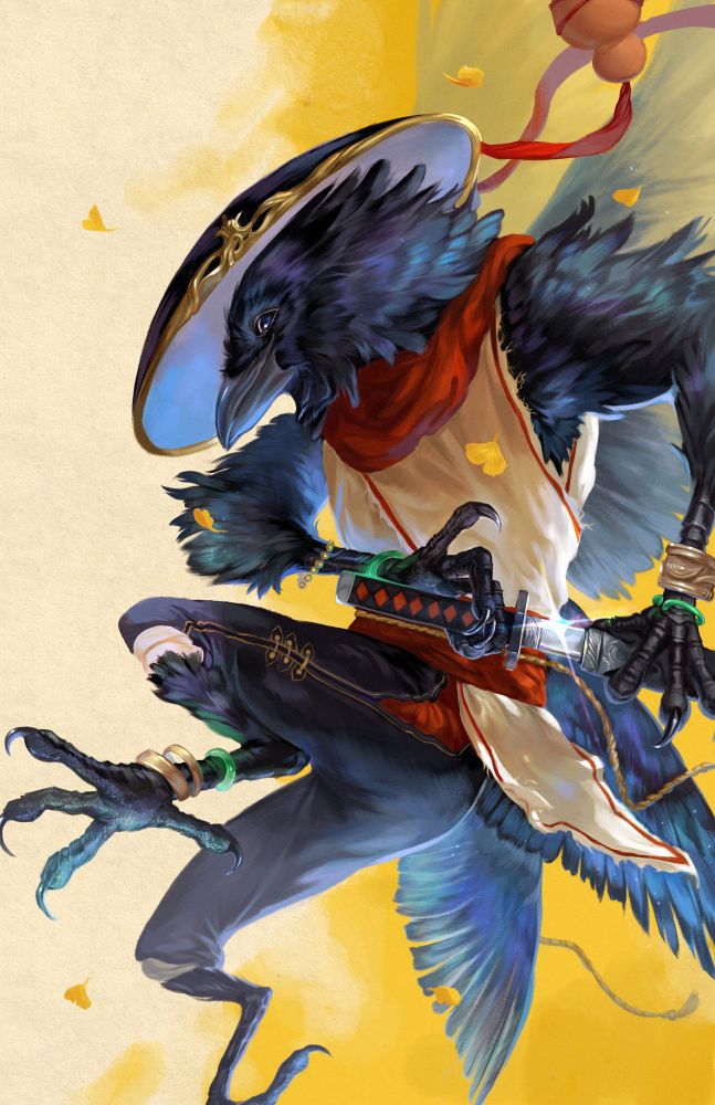 A full-body digital painting of a Pathfinder tengu. She is an anthropomorphic crow with a large pair of wings on her back and a smaller pair on her lower back. She is unsheathing her katana by her side as she jumps above the viewer with a smug expression. She is wearing a hat resembling an uchikatsugi with a dried gourd tied onto it with a red sash. She is wearing a red scarf and ragged off-white robes tied by a red sash around her waist. She is wearing different pieces of gold jewelry and jade wristbands on her bird-like arms and legs.