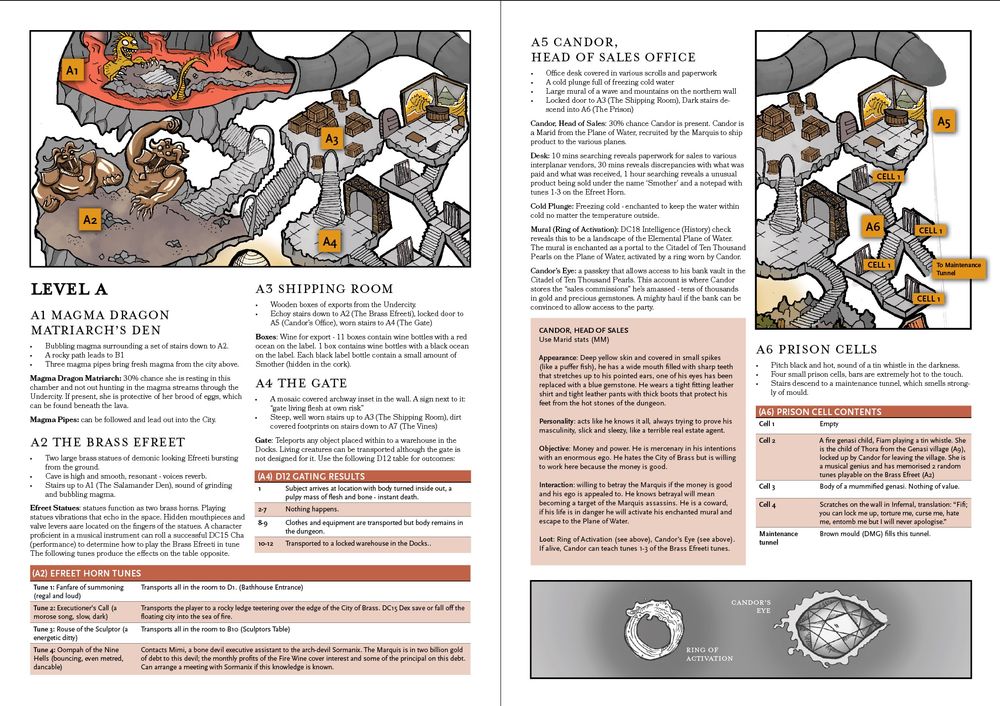 A two page spread detailing the dungeon - includes tables and an image of a ring and gemstone. 

LEVEL A
Al MAGMA DRAGON MATRIARCH'S DEN
Bubbling magma surrounding a set of stairs down to A2.
A rocky path leads to B1
Three magma pipes bring fresh magma from the city above.
Magma Dragon Matriarch: 30% chance she is resting in this chamber and not out hunting in the magma streams through the Undercity. If present, she is protective of her brood of eggs, which can be found beneath the lava.
Magma Pipes: can be followed and lead out into the City.

A2 THE BRASS EFREET
Two large brass statues of demonic looking Efreeti bursting from the ground.
Cave is high and smooth, resonant - voices reverb.
Stairs up to A1 (The Salamander Den), sound of grinding and bubbling magma.
Efreet Statues: statues function as two brass horns. Playing statues vibrations that echo in the space. Hidden mouthpieces and valve levers aare located on the fingers of the statues. A character proficient in a musical instrument can roll a successful DC15 Cha (performance) to determine how to play the Brass Efreeti in tune The following tunes produce the effects on the table opposite.
(A2) EFREET HORN TUNES
A4
A3 SHIPPING ROOM
Wooden boxes of exports from the Undercity.
Echoy stairs down to A2 (The Brass Efreeti), locked door to A5 (Candor's Office), worn stairs to A4 (The Gate)
Boxes: Wine for export - 11 boxes contain wine bottles with a red ocean on the label. 1 box contains wine bottles with a black ocean on the label. Each black label bottle contain a small amount of Smother (hidden in the cork).
A4 THE GATE
A mosaic covered archway inset in the wall. A sign next to it:
"gate living flesh at own risk"
Steep, well worn stairs up to A3 (The Shipping Room), dirt covered footprints on stairs down to A7 (The Vines)
Gate: Teleports any object placed within to a warehouse in the Docks. Living creatures can be transported although the gate is not designed for it. Use the following D12 table for outcomes: