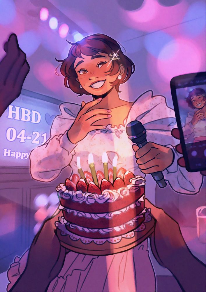 It's Reynah's birthday!  She's celebrating it doing Karaoke with friends who happened to surprise her with a red velvet cake in the middle of her song.