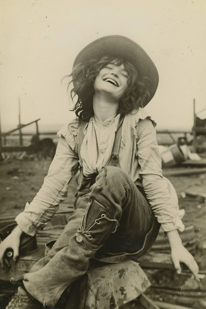 From what I can tell, an early 19th century vintage black and white photo of a young woman with very light skin and dark wavy hair, sitting outside in a rural (maybe farm) setting on a rustic wooden bench or cart, with her head thrown back in a joyful smile. She wears worn work clothes - a rough shirt with ruffled shoulders, overall-style pants, and some kind of laced work boots with broken laces. No subject or photographer credited (will add if discovered). Hope she was real ‘cause she’s lovely. 