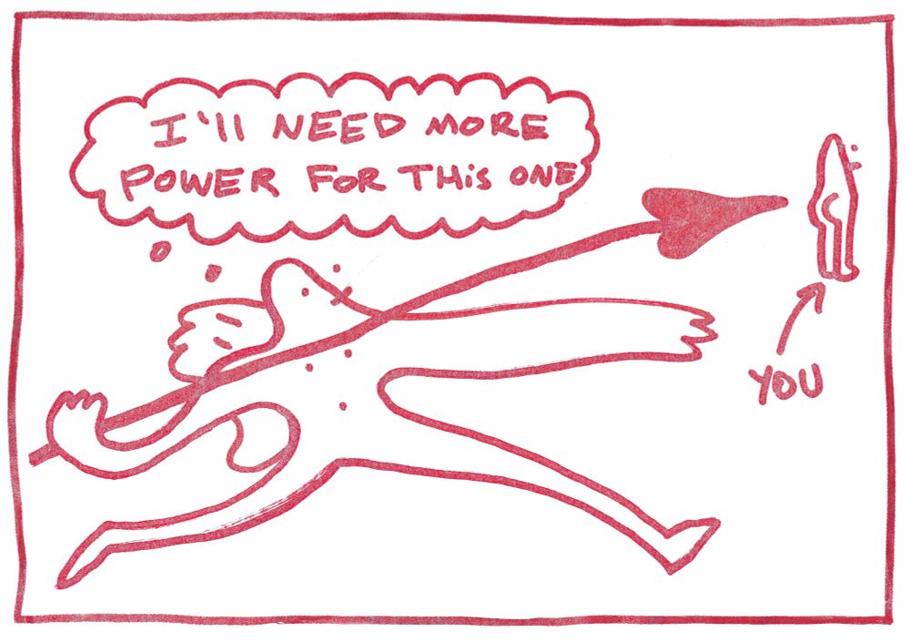 Cupid hurling a javelin towards a character. The thought bubble reads, “I’ll need more power for this one”