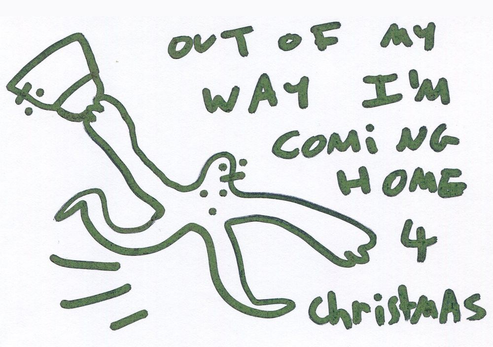 A person running with a handbag. The text reads “Out of my way I’m coming home 4 christmas”