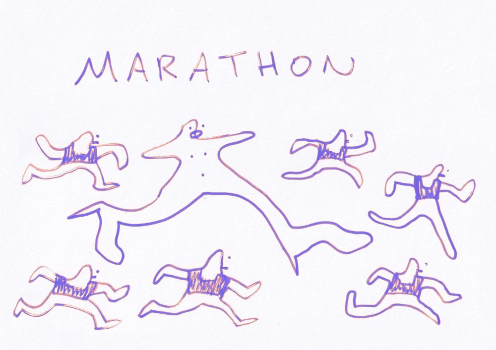 A group of people racing in a marathon, one individual is wearing heels and looking rather stressed out