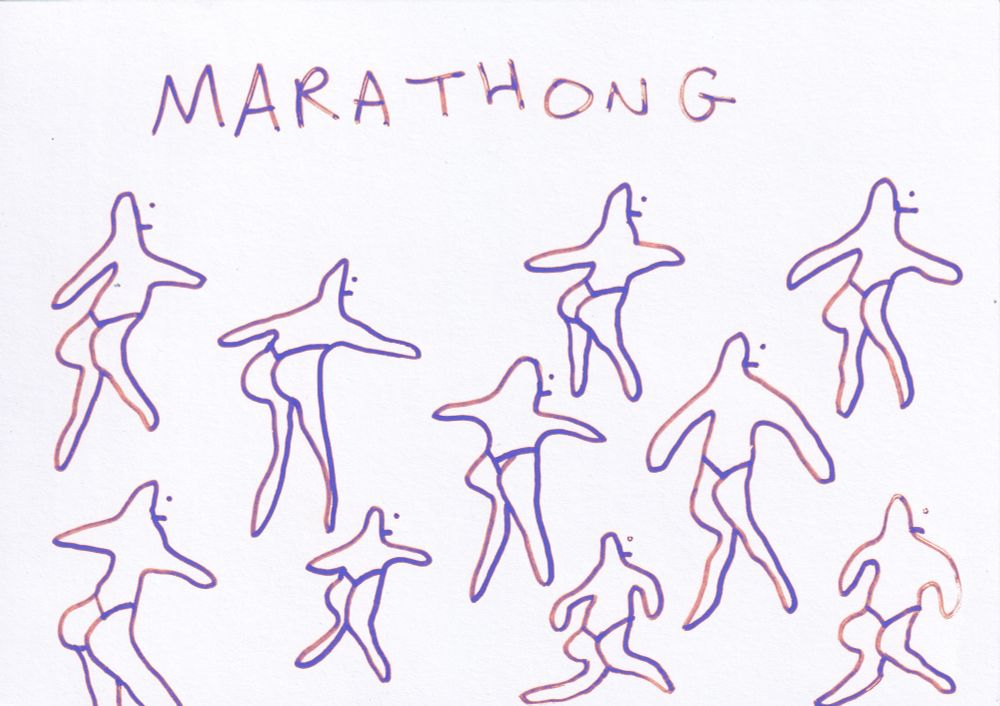 a group of people wearing thongs and attempting as best as they can to run in a marathon