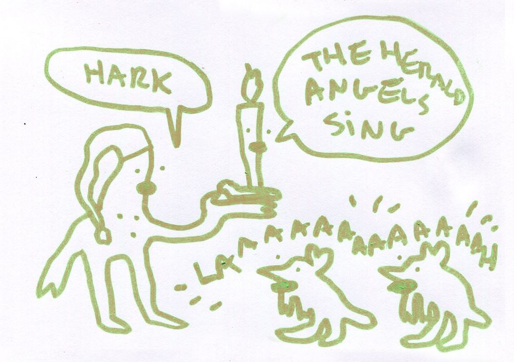 A person with a candle says “Hark, the herald angles sing” as a couple of angels sing in front of them