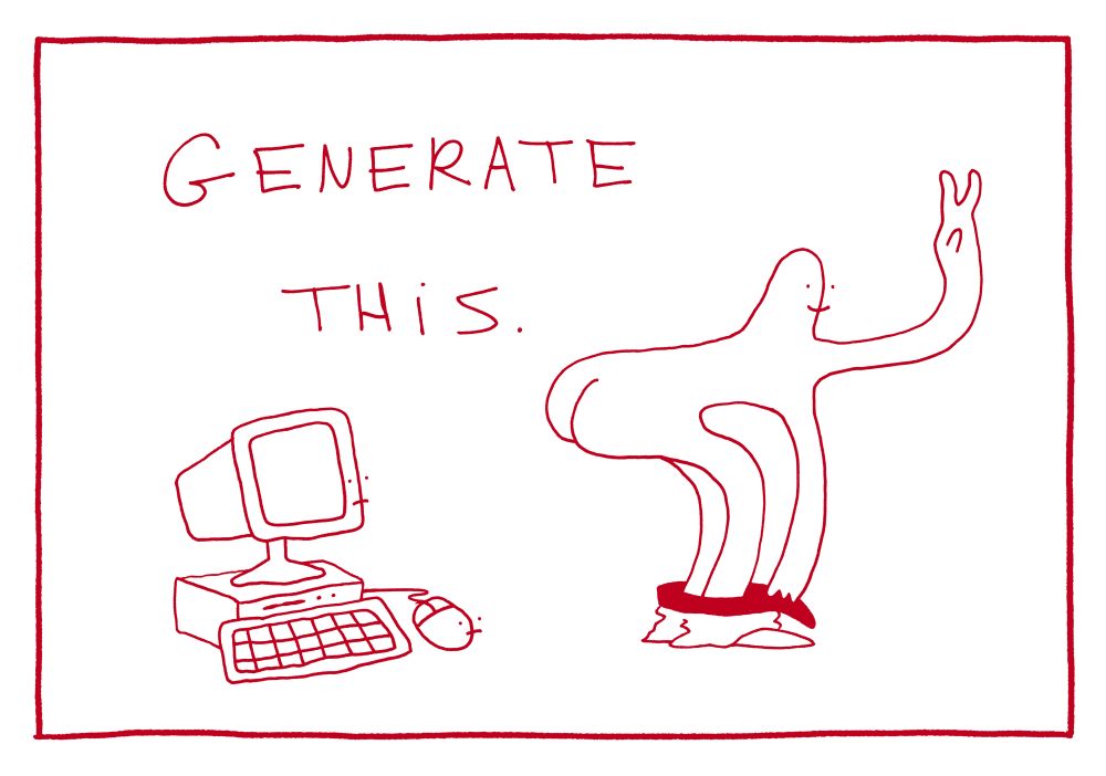 A character pulls down their trousers and moons a computer—the caption reads, “Generate This.”