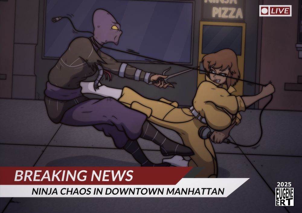 April O'Neil yanking her microphone cord which is wrapped around the neck of a Foot Clan Soldier as she's kicking it square in the gut.

They're on the streets of Manhattan during a live news broadcast. 

There's a logo to indicate the broadcast is live in the upper right corner and a breaking news lower third.

The lower third reads "Ninja Chaos in Downtown Manhattan"
