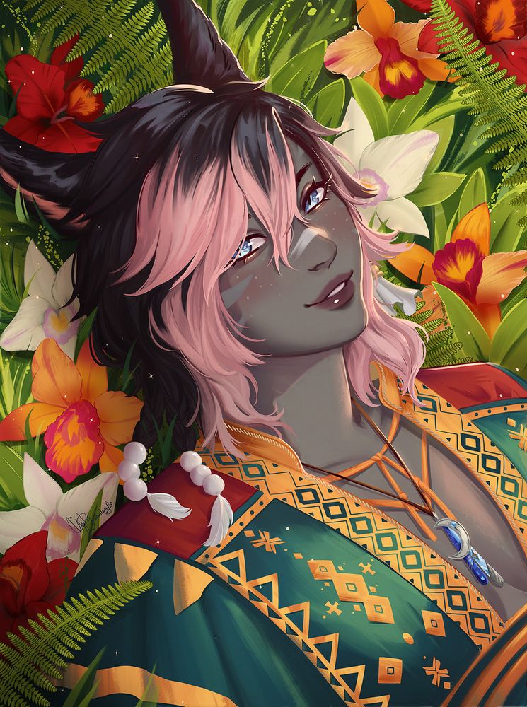 Painted flower portrait of an FFXIV female miqo'te laying in the grass surrounded by white, orange and red cattleya orchids and ferns