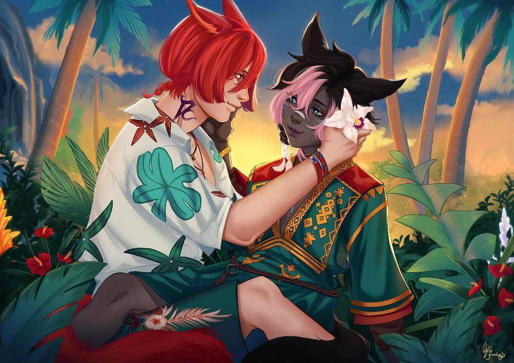 G'raha and a female miqo'te WoL enjoying an island vacation together sitting in the foliage while G'raha puts a flower in her hair