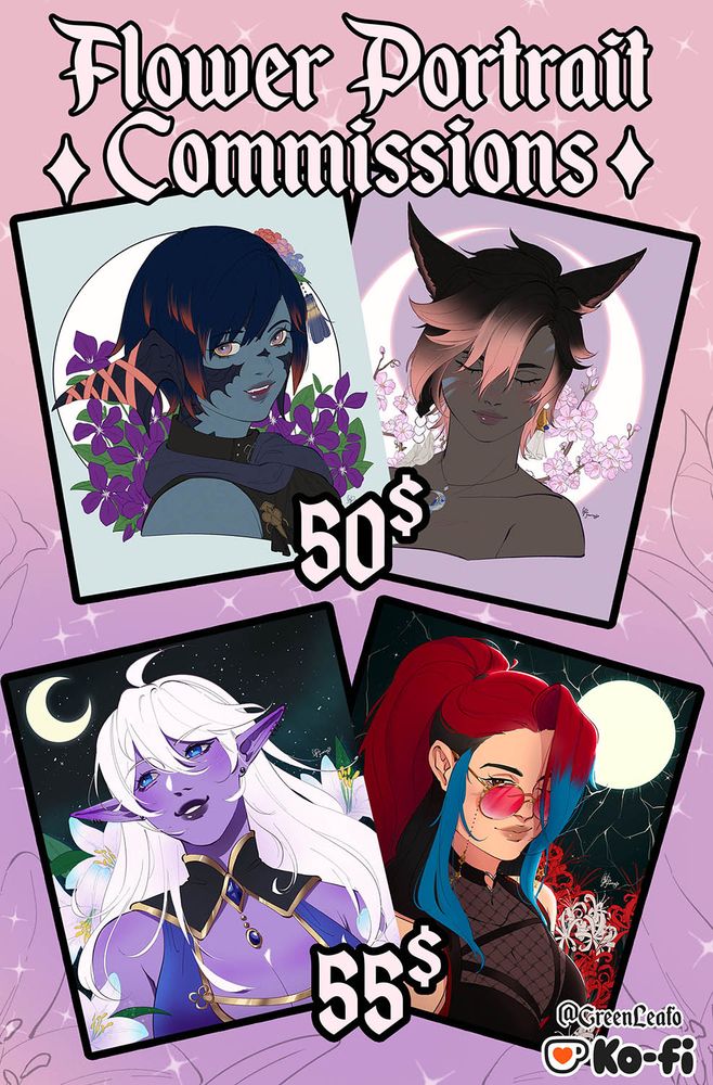 art commission promo post featuring 4 flower portraits of ffxiv , dnd and original characters 
