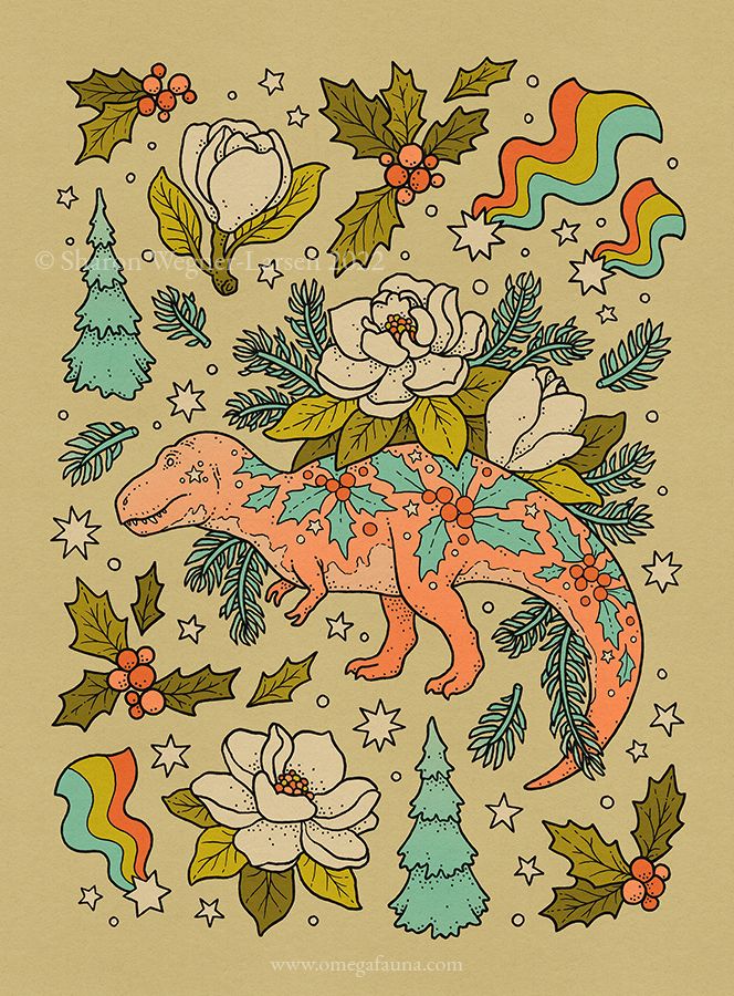 Ink and digitally colored artwork of a festive Tyrannosaur covered in a holly pattern, surrounded by rainbow shooting stars, magnolia blooms, evergreen trees, and more holly bunches.