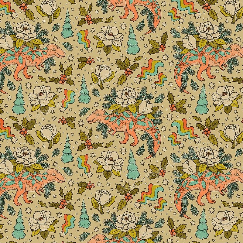 Repeating pattern of festive Tyrannosaurs covered in a holly pattern, rainbow shooting stars, magnolia blooms, evergreen trees, and more holly bunches.