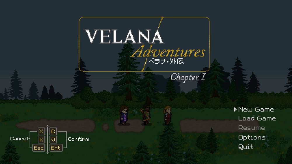 The title screen for Velana Adventures Chapter 1, showing the three protagonists walking along a path, the title logo, and main menu options like New Game, Options, and Quit