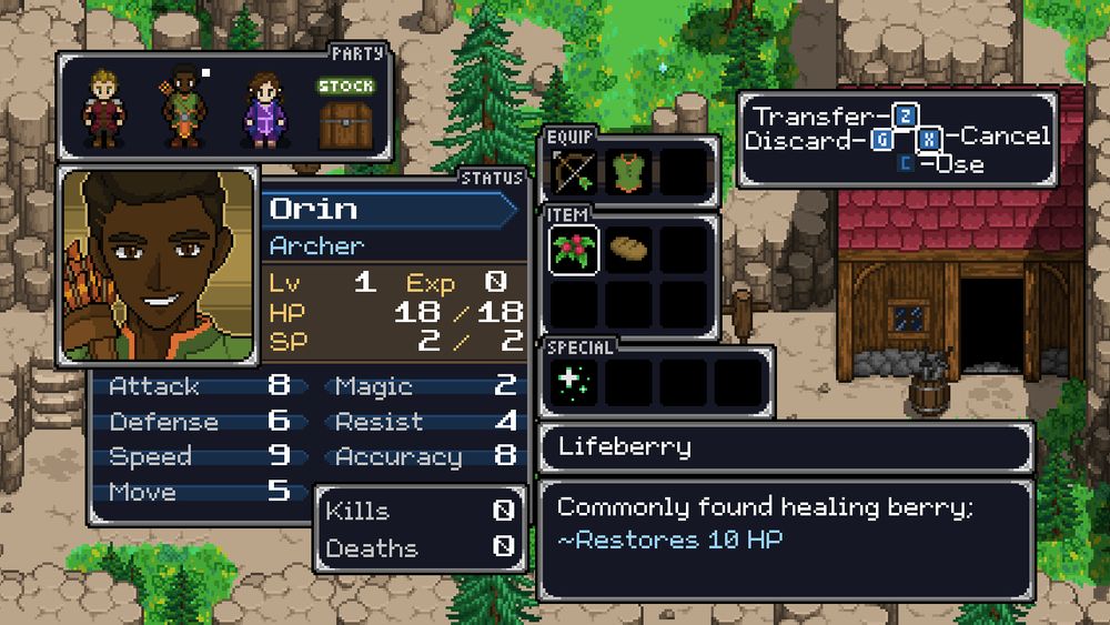 A screenshot of in-game status UI for Orin, the party's archer. The cursor of the UI is currently selecting a Lifeberry, which is a common restoration item that heals 10 HP to a single ally. Also shown in this UI are Orin's stats, like HP, SP, Level, Experience, and battle metrics, as well as a pixel portrait of him.