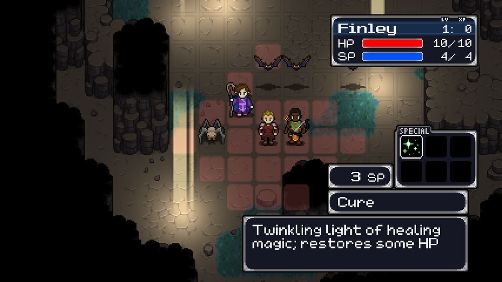 A screenshot of battle, showing the grid range of Finley's Cure spell, which restores some of an ally's HP points. It is currently Finley's turn, and she is surrounded by her two allies as well as two cave bats and a large cave spider.