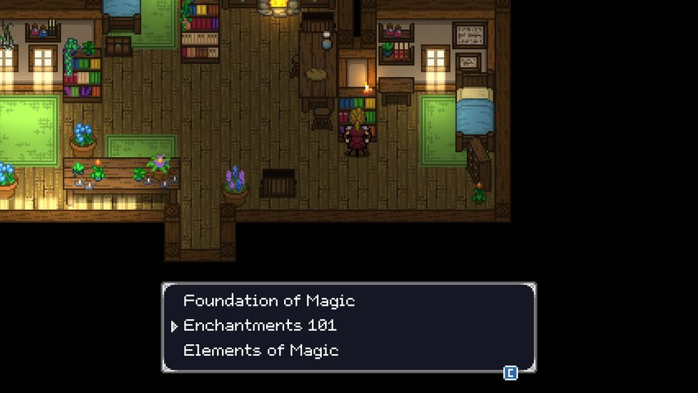 Options for books you can read, including Foundations of Magic, Enchantments 101, and Elements of Magic