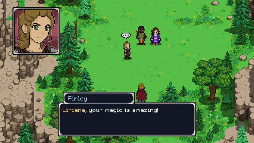 A screenshot showing the main character Finley telling her friend, the trainee mage Liriana, that her magic is amazing. They are standing in a field with Finley's father, Bren, who is the village combat trainer.