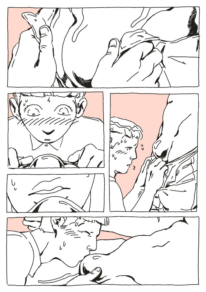 a five panel comic page.

1. a close-up of yves’ hands opening the mannequin’s pants. the mannequin doesn’t have realistic genitals, just a smooth but prominent bulge.

2. a close-up of yves staring at the mannequin’s bulge, looking flustered.

3. an even closer close-up of yves’ lips hovering near the mannequin’s bulge.

4. yves, pulled away from the mannequin, sweating and blushing while staring at the bulge before him. he’s holding onto to mannequin’s underwear and pants, tugging them down.

5. yves surging forward, pressing a desperate kiss on the mannequin’s bulge.