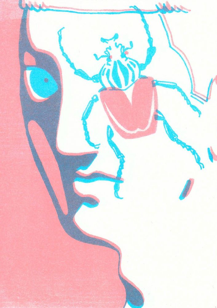 blue and pink riso print of a closeup of a character’s face. the background is pink and the lines are blue and the character was left white, with half of his face cast in shadow. he has a goliath beetle on his face, covering his eye. 