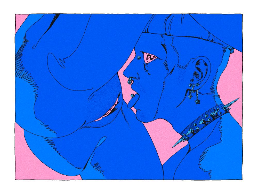 a close up, digital drawing of my character, yves, with his tongue sticking out and ready to lick the pussy of an unknown figure standing before him. the unknown figure is raising their leg, exposing their lightly stubbled but shaved pussy. both characters are flat coloured in blues, the background is pink, and the inner labia/clit as well as yves’ eye match the colour of the background. yves is wearing a spiked collar around his neck, and has piercings on his face. he has stubble on his face rendered in the same way as the stubble on the pussy.