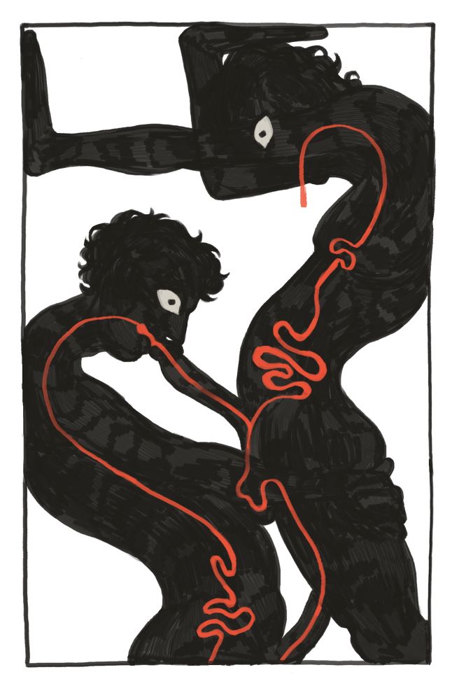 a drawing of two men in silhouette engaging in oral sex. there is a red line flowing through each of their bodies, connecting the figures through their penises and the giver’s mouth. the red line drips out of the receiver’s mouth. 