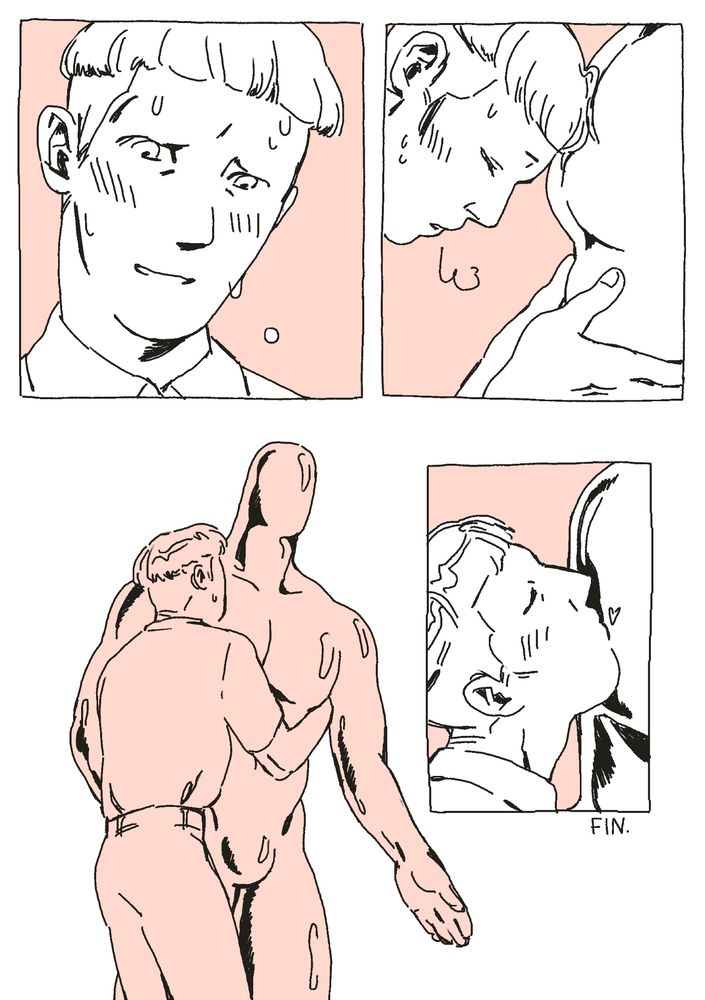 a three panel comic page.

1. a shot of yves’ face dripping with sweat. he’s blushing and wearing an expression of relief mingled with concern, and a slight smile.

2. yves resting his forehead against the mannequin’s chest as he catches his breath.

3. yves adjusts the mannequin again, and reaches up to give it a peck on the cheek in a mini panel to the right.