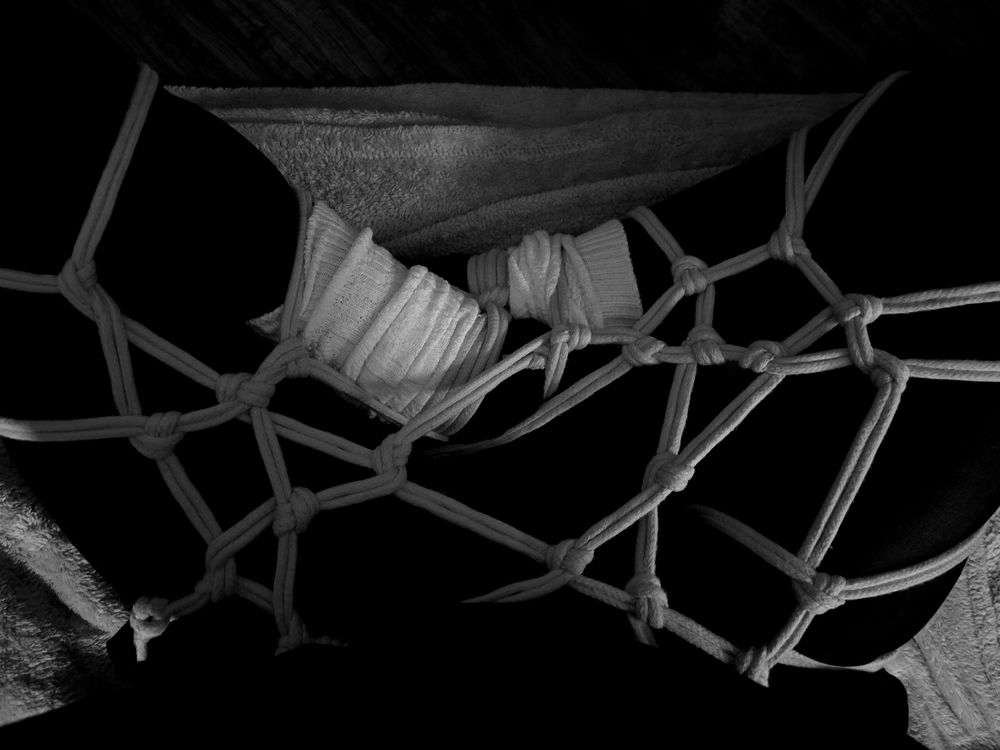 pov of my legs from the waist down, tied in a lightly colored rope. i am wearing black tights, white socks, and black leg warmers under the rope. there is a gray blanket under me