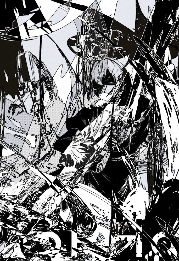 a black and white abstract composition with 2b from nier automata 