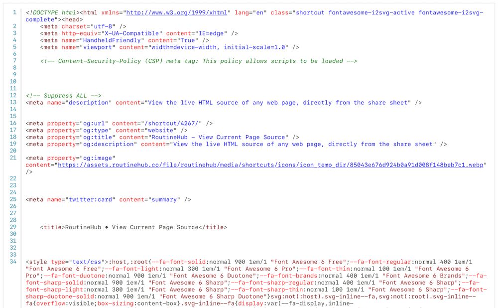 Screenshot of how the shortcut shows a webpage source code in light mode