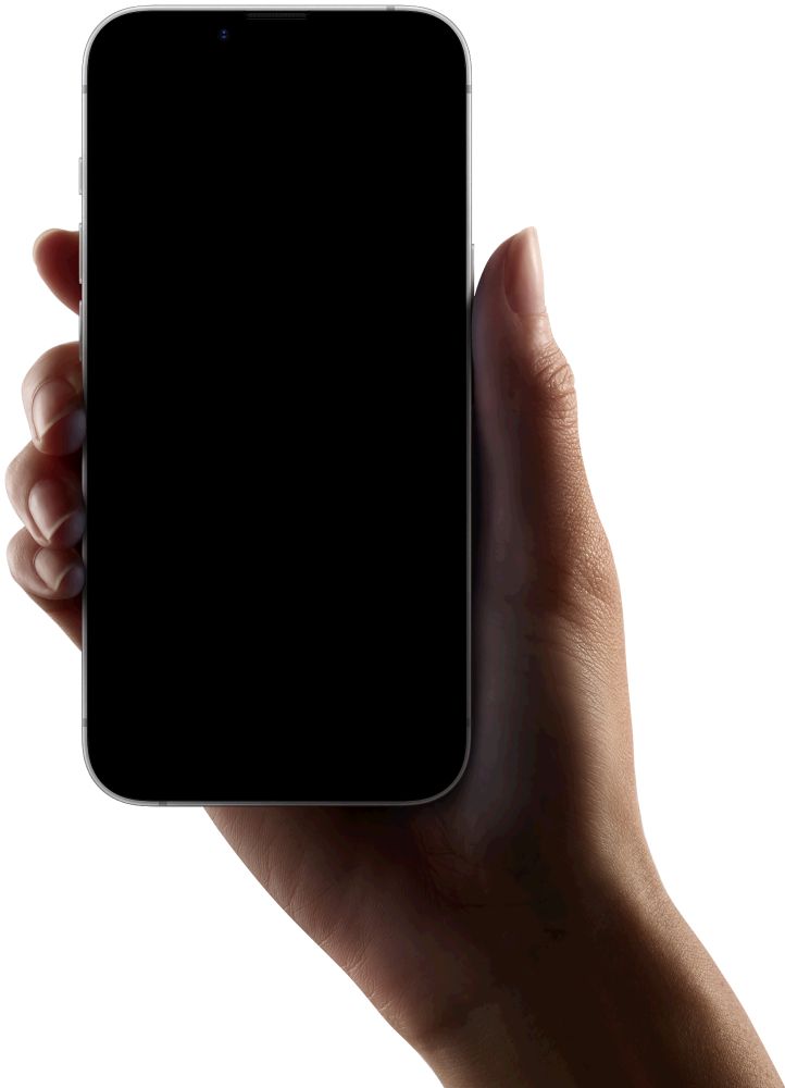 An iPhone 16e frame in a hand over a white background