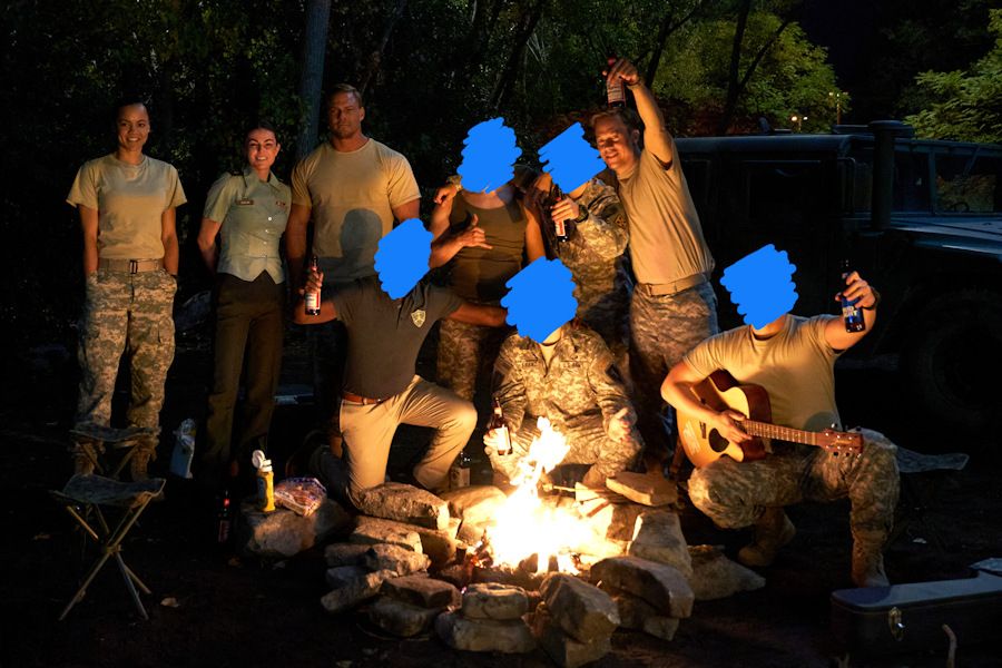 Same photo but with some faces painted blue with the Markup action in Shortcuts