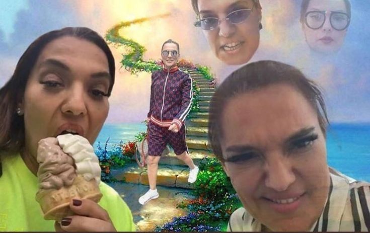 Das Bild zeigt eine Collage aus verschiedenen Elementen:
Links im Vordergrund ist eine Person zu sehen, die ein großes Eis mit mehreren Kugeln isst.
Im Hintergrund gibt es eine surreal wirkende Szene mit einer Treppe, die in den Himmel zu führen scheint, umgeben von blühender Vegetation und einem farbenfrohen Himmel.
Eine weitere Person in sportlicher Kleidung (Trainingsanzug) läuft die Treppe entlang, mittig im Bild platziert.
Zusätzlich sind im oberen Bereich des Bildes mehrere Gesichter der gleichen Person in unterschiedlichen Ausdrücken eingefügt.
Das Gesamtbild wirkt humorvoll und surreal, mit einem übertriebenen Stil, der möglicherweise auf Social-Media-Meme-Kultur anspielt.