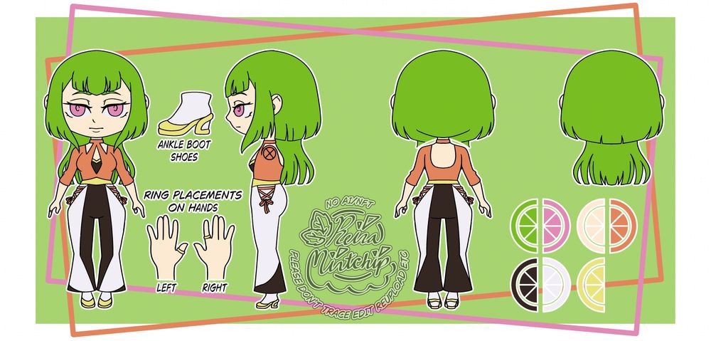 Full body reference sheet with full, side, and back views of a girl with green hair cut into a jellyfish hairstyle and pink eyes. Her skin is light and pale. She is wearing a black and orange top with 3/4 sleeves and cut-outs on the orange part with gold trim on the black part. A gold belt is around her waist and her pants are black and white with orange strings around her hips in a criss cross pattern. Her shoes are white ankle boots with her heels and sole outlines in gold. She wears a gold ring on her left thumb and right forefinger. Her color palette is in lime slices at the bottom right. Background is light green box with pink and orange rectangles tilted in opposite ways. Everything is outlined in white.
