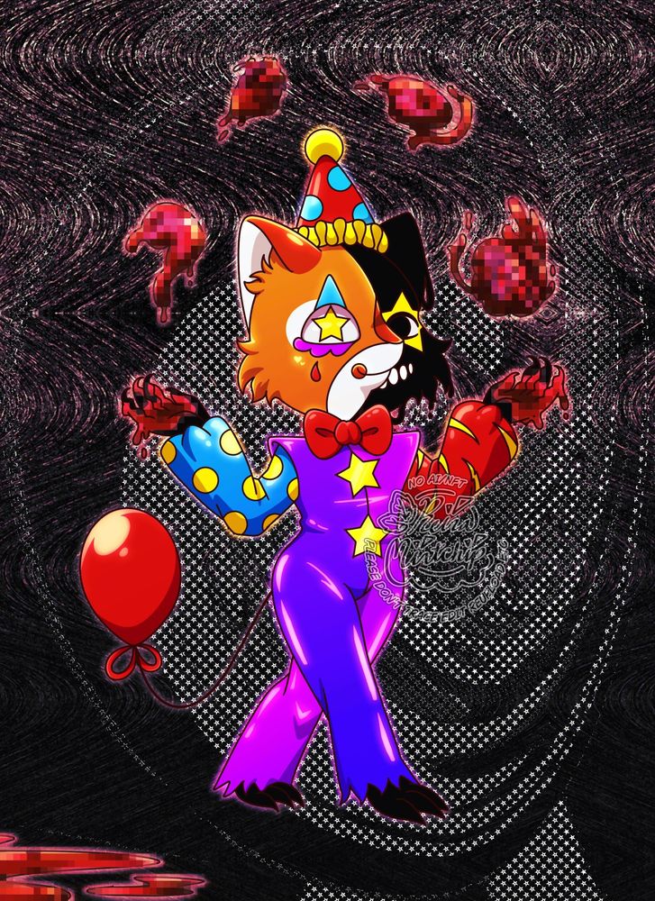 Nachos_and_llama's sona Jinglls. An elderitch like clown cat wearing a shiny out fit with puffy sleeves. Half of the face is black with a yellow star over its eye on that side while the other side looks like a normal cat face with a star iris and simple clown make up. The outfit is half blue and half purple with two yellow stars going up the middle. One sleeve is colored blue and patterned with yellow dots while the other sleeve is red with yellow claw mark stripes. They wear a red bow tie, a red hat with yellow dots, a yellow ball on top of the hat, and frills on the bottom of it. They also have  a red balloon tail. They are juggling blurred out organs with a smile. The background is distorted and there is blood in the bottom corner.