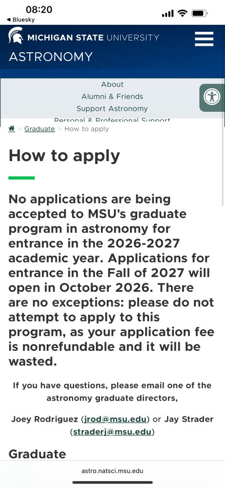 Text detailing how MSU isn’t accepting grad applications for astronomy on their website 