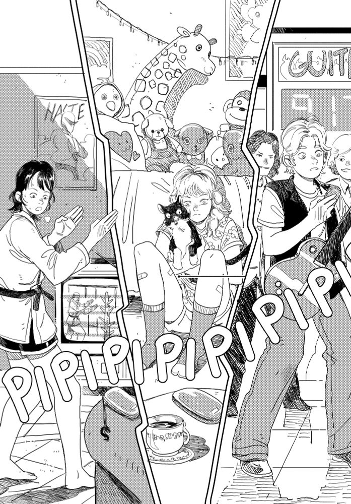 Tokusatsu teens being called into action. Left girl practising karate, middle girl sitting with tuxedo cat, right boy playing arcade guitar