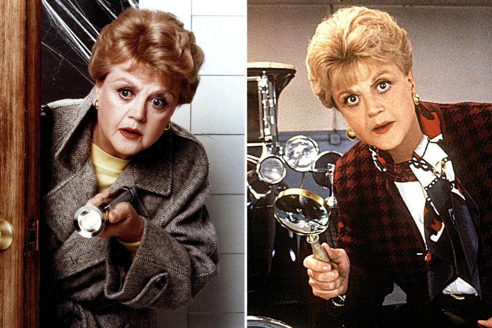 There are two pictures of Angela Lansbury as Jessica Fletcher in Murder She Wrote. In one, she is holding a flashlight, and in the second, she's holding a magnifying glass.