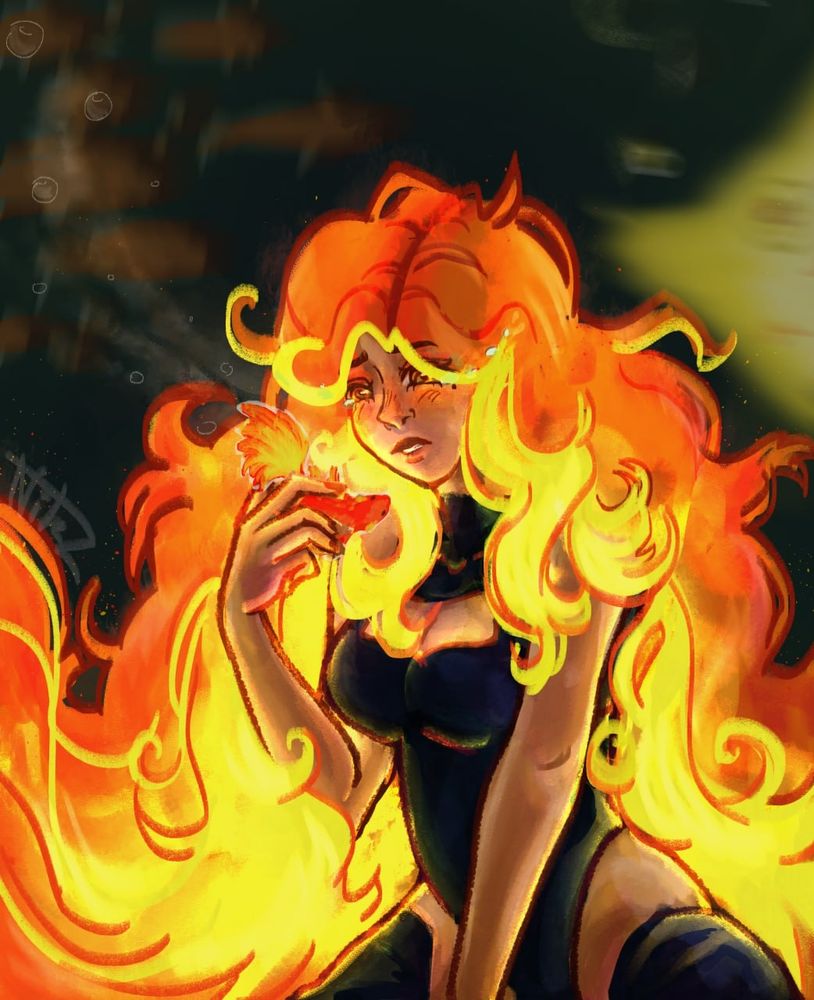 a fiery girl holds a fish in her hand  