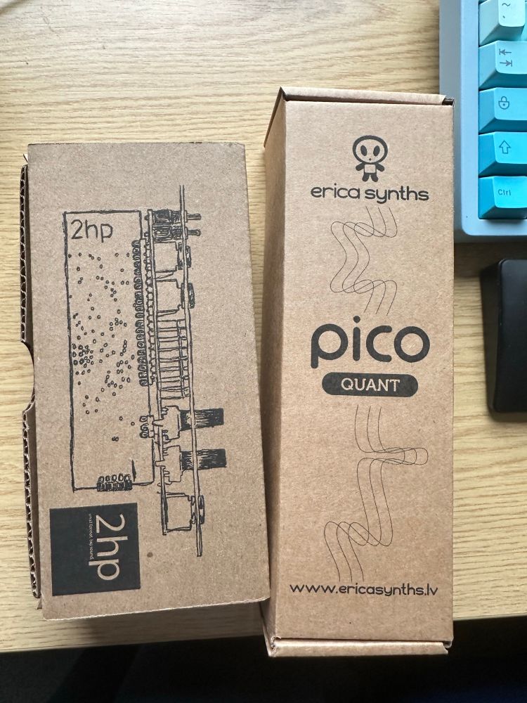 Two cardboard boxes housing a 2hp TM module and an Erica synths Pico Quant module