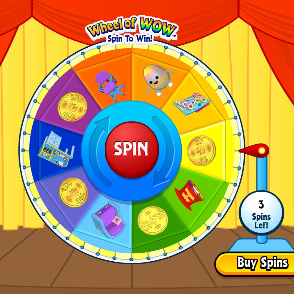 A screenshot of the "Wheel of WOW" from Webkinz. Features a colorful wheel with prizes on a stage-like background.