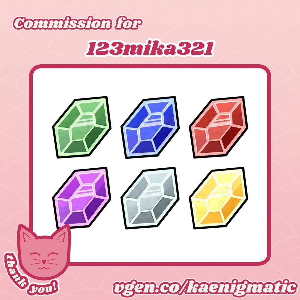 "Commission for 123mika321." Shows 6 gem-type Rupees from the Legend of Zelda series in green, blue, red, purple, silver, and gold. "VGen.co/kaenigmatic" 
