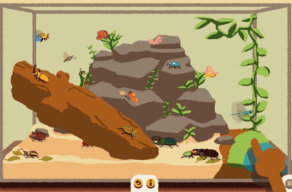 A screenshot from Kabuto Park, an illustrated bug terrarium with a rock, log, and plants. Various insects are throughout the terrarium. 