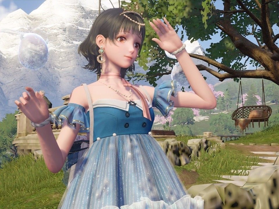 Another screenshot from Infinity Nikki. Nikki has black hair and is wearing a blue dress.