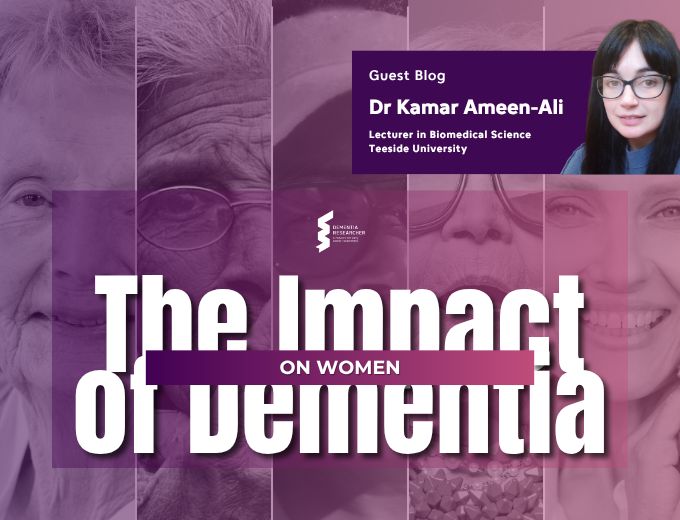 A purple-toned collage of diverse women's faces representing different ages and ethnicities. Overlaid text reads: “The Impact of Dementia on Women.” The top-right corner features a profile photo of Dr Kamar Ameen-Ali, labelled as Guest Blog author and Lecturer in Biomedical Science at Teesside University.