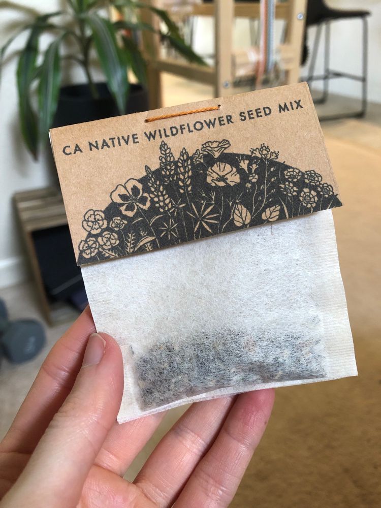 A small packet of wildflower seeds, featuring a cardboard tag with an intricate floral illustration 