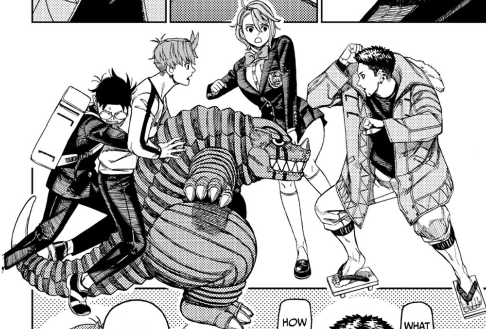 A shot of Okarun and Vamola breaking up the fight between Jiji, Aira, and Zuma